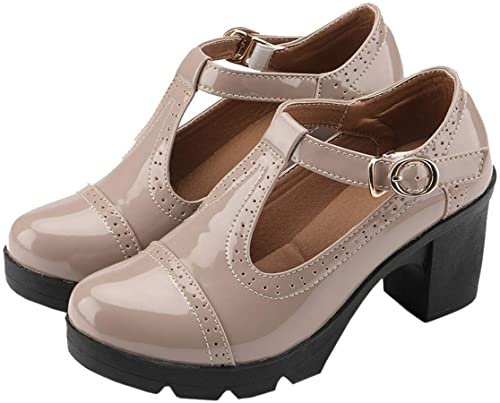 Amazon.com | DADAWEN Women's Classic T-Strap Platform Mid-Heel Square Toe Oxfords Dress Shoes Black US Size 5 | Pumps