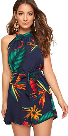 SheIn Women's Tropical Floral Tie Back Belted Halter Romper Boho Sleeveless Playsuit Summer Jumpsuit Casual Jumper