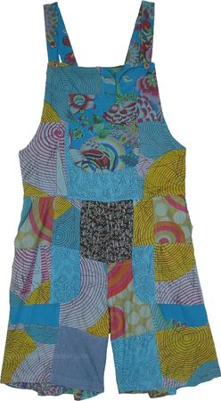 Bluebird Romper with Artsy Patchwork Details | Dresses | Blue | Sleeveless, Patchwork, Pocket, Vacation, Beach, Floral, Printed, Bohemian, Overalls and Rompe