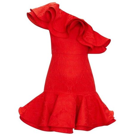 Red Jacquard One Shoulder Frill Drop Hem Dress