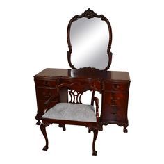 1920s Antique Chippendale Flame Mahogany Ladies Desk with Mirror and Stool