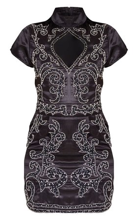 Black Satin Embellished Cut Out Short Sleeve Bodycon Mini Dress | PrettyLittleThing USA