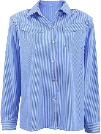 Ladies Striped Long-Sleeved Shirt with Pockets Button Down Pocket Blouse Shirt Top Lapel Striped Print Casual Shirt at Amazon Women’s Clothing store
