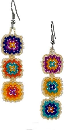 Amazon.com: Miyuki Beaded Granny Square Delight Dangle Earrings - Handmade Bohemian Statement Jewelry, Traditional Tribal Boho Chic Japanese Glass Bead Drop Earrings for Women (Cream Boarder): Clothing, Shoes & Jewelry