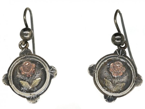 Victorian Silver & Gold Overlay Rose Motif Drop Earrings - The Antique Jewellery Company
