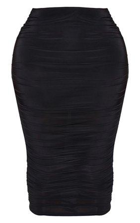 Shape Black Slinky Ruched Midi Skirt | Curve | PrettyLittleThing USA
