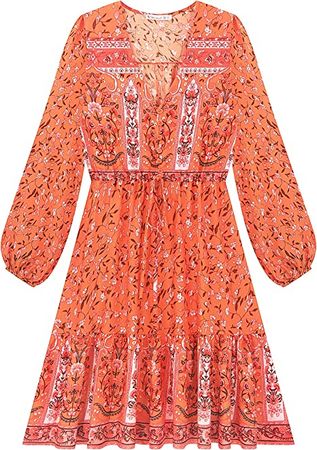 R.Vivimos Women's Cotton Long Sleeves V-Neck Button Up Floral Print Bohemian Flowy Mini Dress at Amazon Women’s Clothing store