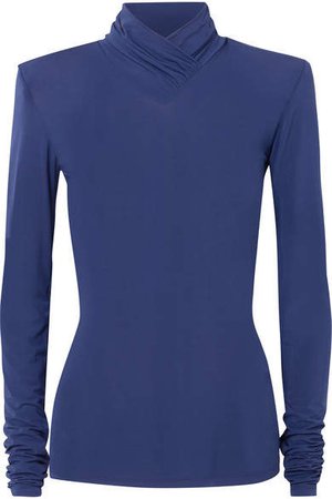 Ruched Stretch-jersey Turtleneck Top - Navy