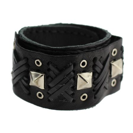 Black Cuff Genuine Leather Bracelet with Metal Stud Detail - Purple Leopard Boutique
