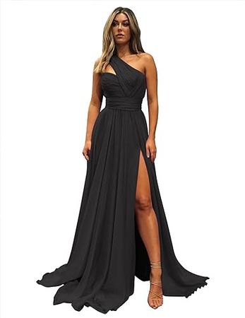 Amazon.com: Morbore One Shoulder Chiffon Bridesmaid Dresses Long Slit Ball Gown Formal Evening Dress with Pocket: Clothing, Shoes & Jewelry