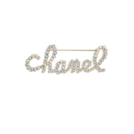 Metal, Glass Pearls Strass Gold, Pearly White Crystal Brooch | CHANEL