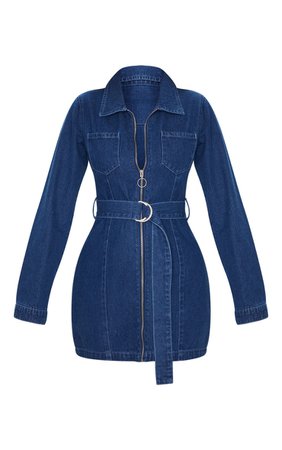 Blue Zip Up Belted Pocket Denim Dress | PrettyLittleThing USA