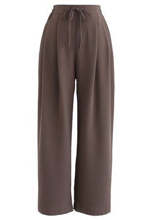 Drawstring High-Waisted Wide-Leg Pants in Brown - Retro, Indie and Unique Fashion