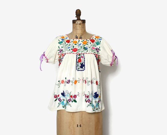 Vintage 70s Embroidered Mexican Top / 1970s Colorful Ivory | Etsy
