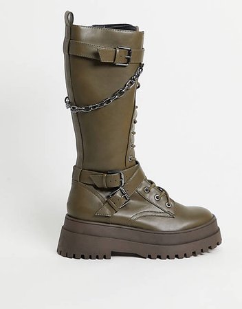 Public Desire Mari chunky knee boots with chain in khaki | ASOS