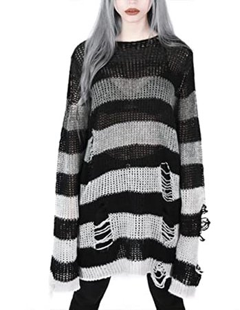Women Punk Gothic Long Sweater Hollow Out Hole Ripped Pullover Striped Goth Sweaters Tops Harajuku Aesthetics Jumpers at Amazon Women’s Clothing store