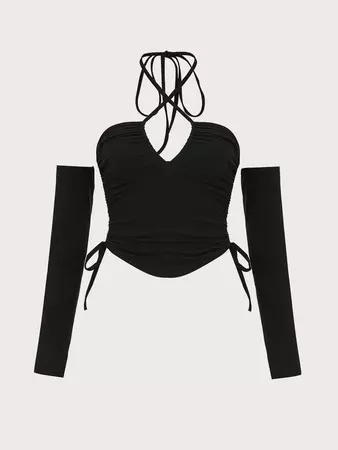 SHEIN ICON Plus Crisscross Tie Backless Drawstring Side Hanky Hem Halter Top & Arm Sleeves | SHEIN USA