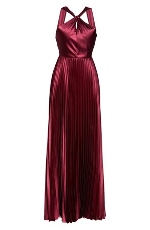 Sequin Hearts Pleated Satin Halter Gown red