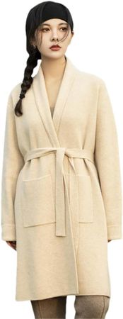 Women's Long Casual Cardigan Knitted V-Neck Cashmere Coat Beige One Size at Amazon Women’s Clothing store