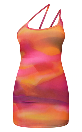 Pink Abstract Print Slinky Asymmetric Strap Detail Bodycon Dress