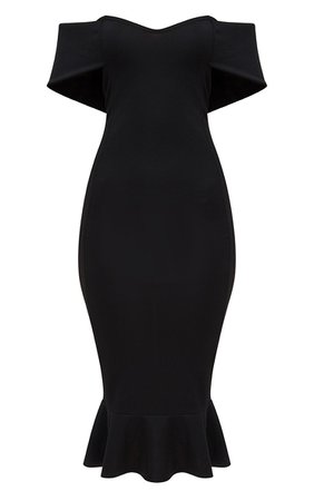 Black Bardot Frill Hem Midi Dress | PrettyLittleThing USA