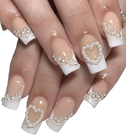 white French tip nails with pearls