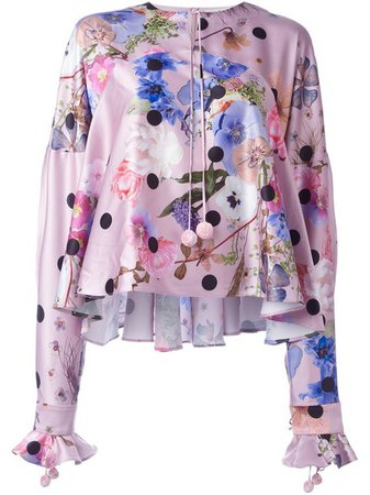 Natasha Zinko multi print ruffle sleeve blouse in pink / purple