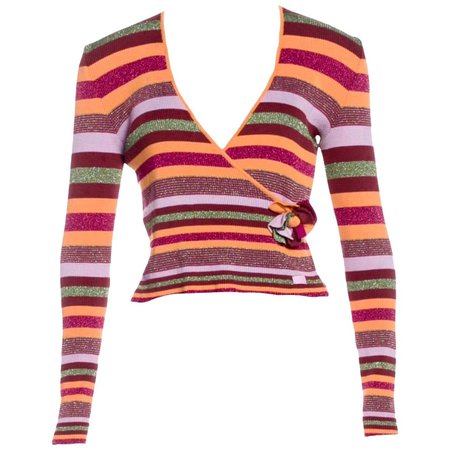 CHANEL Striped Cache-Coeur Long Sleeve Pullover Top with Camellia Flower Detail For Sale at 1stDibs