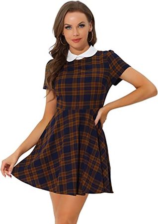 Allegra K Peter Pan Collar Dress for Women's Plaid Grid Contrast Short Sleeve A-line Dress at Amazon Women’s Clothing store