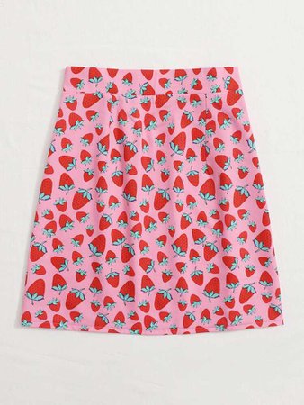 Strawberry Print Slit Hem Skirt | ROMWE USA