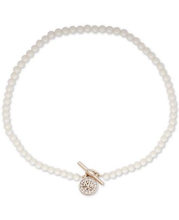 Lauren Ralph Lauren Gold-Tone Pavé Logo & Imitation Pearl 17" Collar Necklace - Fashion Jewelry - Jewelry & Watches - Macy's
