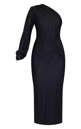 Black Plisse One Shoulder Ruched Midaxi Dress | PrettyLittleThing USA