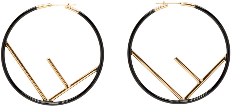 Fendi: Black & Gold Large 'F is Fendi' Hoop Earrings | SSENSE