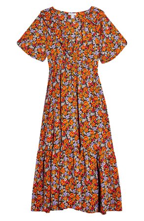 Topshop Ruffle Trim Floral Midi Dress orange