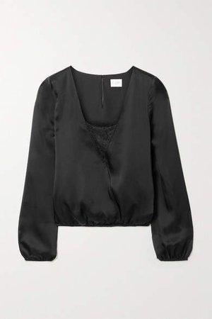 The Katy Wrap-effect Lace-trimmed Silk-satin Blouse - Black