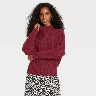 Women's Cable Turtleneck Pullover Sweater - A New Day™ Burgundy M : Target