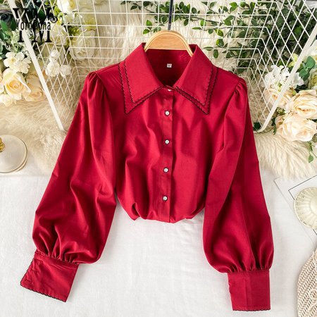 YornMona Good Quality Red Black Puff Sleeve Blouse Shirt Ins Fashion Double Turn down Collar Spring Women Tops Ladies Top Blusa|Blouses & Shirts| - AliExpress