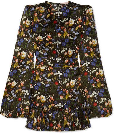 Ruffled Floral-print Hammered Silk-satin Mini Dress - Black