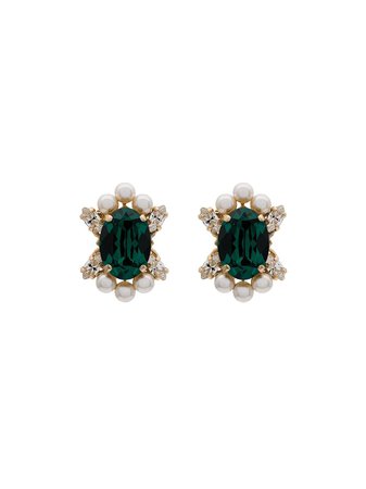 Anton Heunis Metallic Gold Green and White Crystal and Pearl Earrings