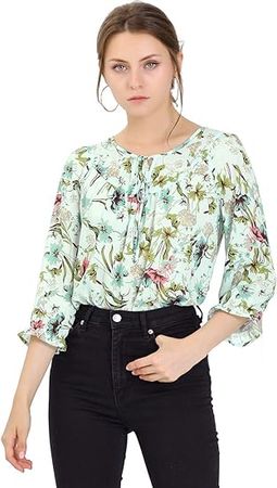 Allegra K Women's Floral Tops Bow Tie Neck Vintage 3/4 Sleeve Blouse at Amazon Women’s Clothing store