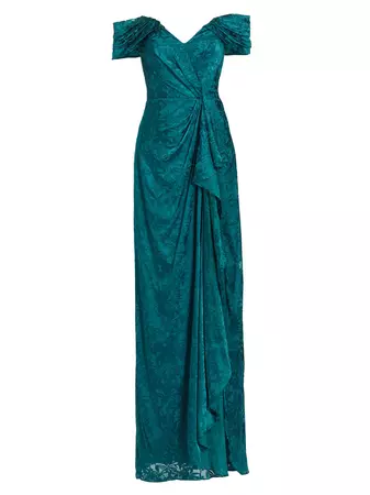 Shop Rene Ruiz Collection Draped Burn-Out Silk Off-The-Shoulder Gown | Saks Fifth Avenue
