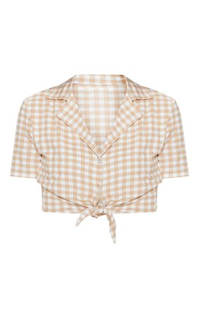 BROWN GINGHAM KNOT FRONT CROP SHIRT