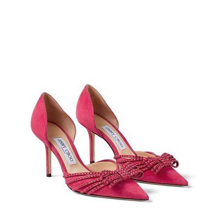 Bubblegum-Pink and Scarlet Red Suede Point-Toe Pumps with Crystal-Embellished Bow|KAITENCE 85 |Cruise '20 |JIMMY CHOO