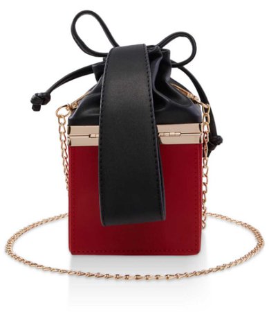 red and black box purse with gold chain.