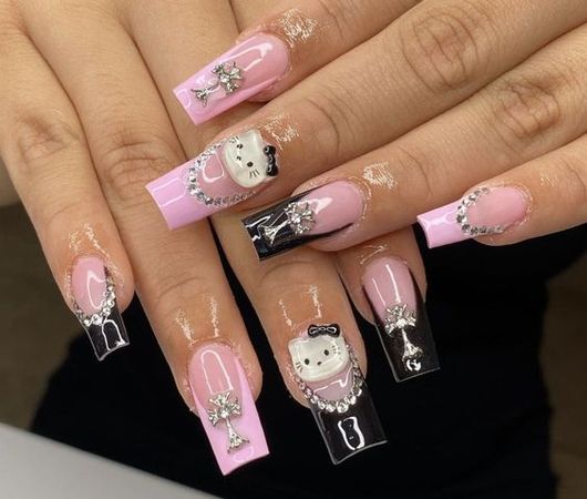 pink and black hello kitty nails