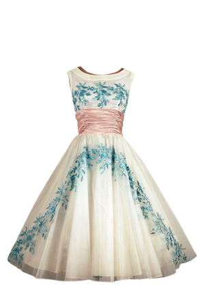 1950's Vintage Embroidered Blue-Rose Garden White Chiffon Princess Circle-Skirt Party Wedding Dress

$380.00