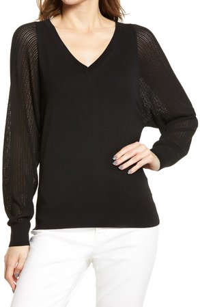 V-Neck Pointelle Sleeve Sweater | Nordstrom