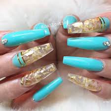 coffin teal and gold nails - Google Search