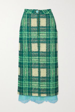 Lace-trimmed Checked Wool-boucle Midi Skirt - Green