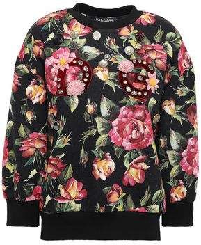 Embellished Floral-print Cotton-blend Fleece Sweatshirt